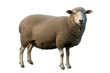 A light brown sheep stands against a transparent background, looking directly at the camera. background removed