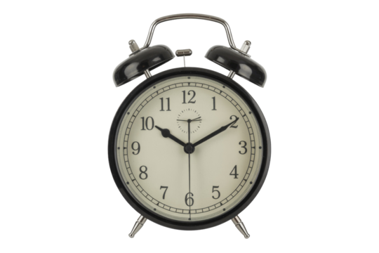 Black vintage alarm clock with bells, isolated on transparent background, showing the time. background removed