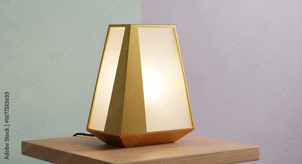 Poster Modern geometric table lamp with a gold frame and white panels, illuminated and placed on a wooden surface against a split background