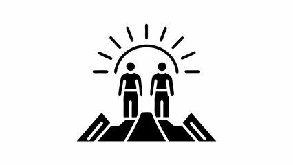 Fototapeta premium Two people standing on a mountain peak under a sunrise or radiant symbol representing achievement together silhouette