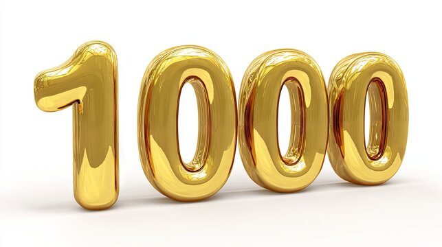 Glossy gold 3D rendering of the number 1000.  A celebratory,  digitally-created  number,  emulating  inflated  gold  balloons