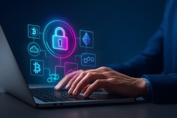 "Hands typing on laptop with glowing neon lock symbol, cryptocurrency blockchain icons and digital security network connections representing crypto protection and online financial safety