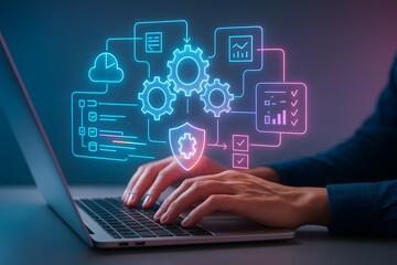 Hands typing on laptop with glowing neon gear icons, cloud, shield and data flow charts representing cybersecurity and digital process automation concept