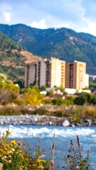 Blurred mountain view with river