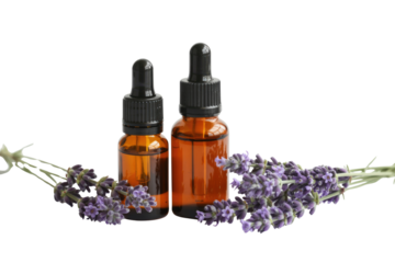 Two amber bottles of lavender essential oil with fresh lavender sprigs on a transparent background. background removed