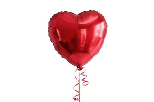 A single red heart-shaped balloon with a red ribbon, isolated on a transparent background. background removed