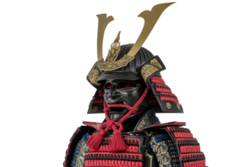 Close-up of a Samurai's  black and red armor, detailed helmet, and gold accents. background removed