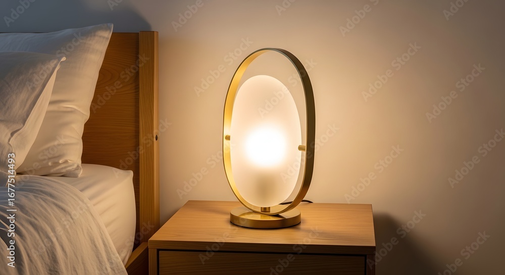 Aufkleber illuminated bedside table lamp with a warm glow, casting a soft light on the wall next to a neatly m
