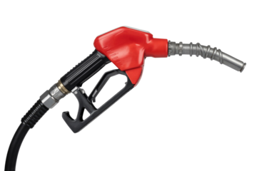 A red and black gas pump nozzle isolated on a transparent background.  Fuel dispenser for vehicles. background removed