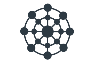 Abstract circular network graphic, interconnected nodes representing relationships, connections, and systems. background removed