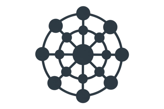 Abstract circular network graphic, interconnected nodes representing relationships, connections, and systems. background removed