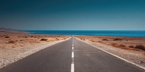 A long, straight road cuts through a desert landscape, leading to a calm, blue ocean under a clear sky