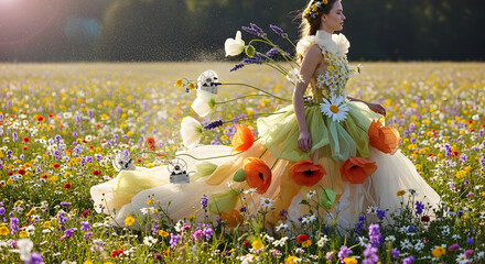 A woman in a field of wildflowers wears a fantastical haute couture gown made of living flowers tended by whimsical machines in a surreal blend of nature and technology.