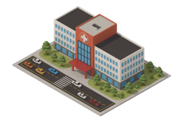Isometric illustration of a hospital building with cars parked on the street. background removed