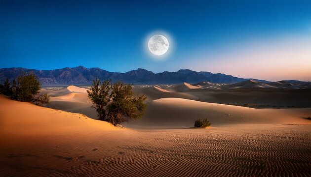 dreamy desert landscape under moonlight featuring rolling sand dunes sparse trees and silhouetted mountains creating a serene nocturnal scene