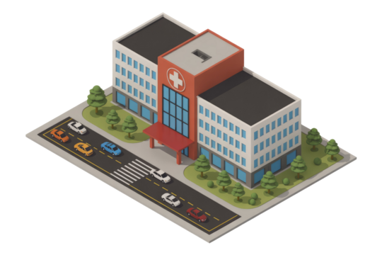 Isometric illustration of a hospital building with cars parked on the street. background removed
