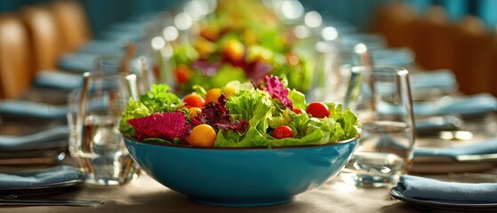 Vibrant Salad Bowl Centerpiece on Elegant Table Setting.
