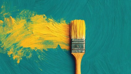 A paintbrush with yellow strokes on a teal textured canvas background.  The brush rests on the yellow paint, suggesting motion