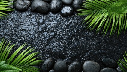 Dark, wet stone surface framed by smooth black stones and lush green palm fronds; creates a spa-like, zen atmosphere