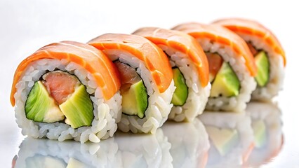 Artisan salmon and avocado sushi roll on a clean white backdrop