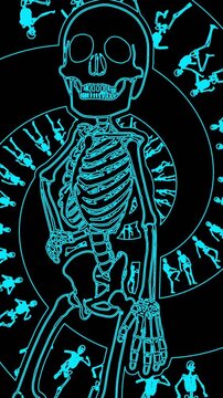 Seamless vertical video animation of a skeleton sassy walk with neon effect. Funny cartoon character with zine culture style for Halloween background. 
