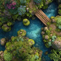 Aerial view of a serene, moss-covered stream with a rustic wooden footbridge, surrounded by lush vegetation and vibrant flowers