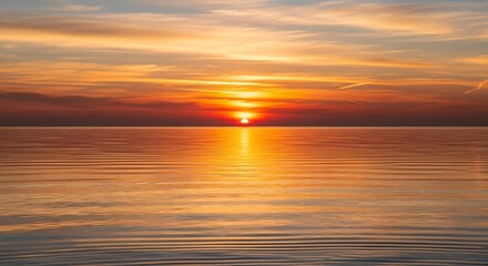 Fototapeta premium Radiant Golden Sunset Over Tranquil Ocean Horizon with Rippling Reflections and Streaky Clouds