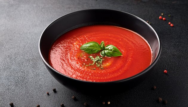 delicious red tomato soup in a black bowl