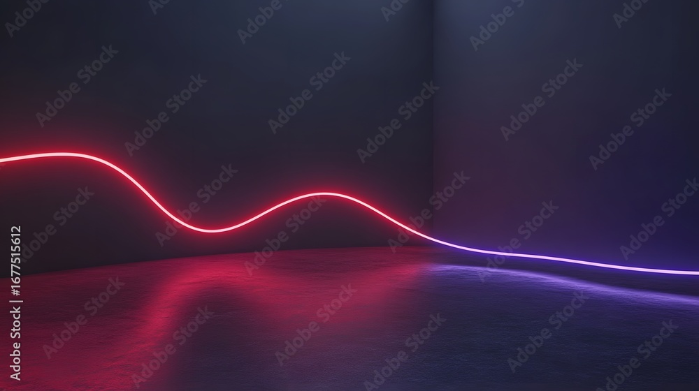 Poster a dynamic neon light display curves across a dark, reflective floor, creating a captivating abstract