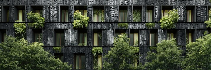 Dark, textured building facade with numerous windows, partially obscured by lush green foliage and potted plants