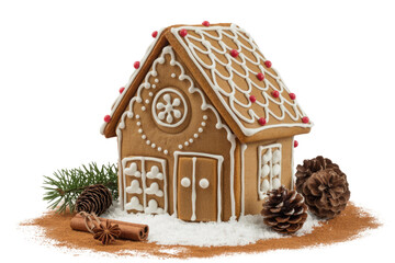 A charming gingerbread house decorated with icing, candy, and surrounded by pine cones and cinnamon on a snowy base. background removed