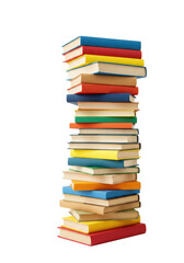 A tall, slightly uneven stack of numerous hardcover books with colorful spines on a transparent background, soft studio light, elevated perspective. Concept of knowledge and education