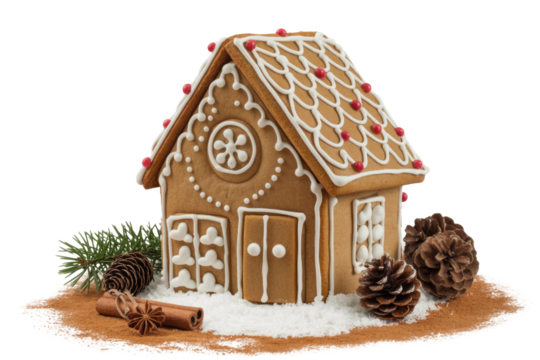 A charming gingerbread house decorated with icing, candy, and surrounded by pine cones and cinnamon on a snowy base. background removed