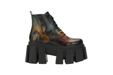 Abstract art painted leather platform boots with chunky sole and lace-up detail. background removed