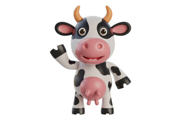 Adorable 3D cartoon cow waving, cheerful expression, isolated on transparent background. background removed