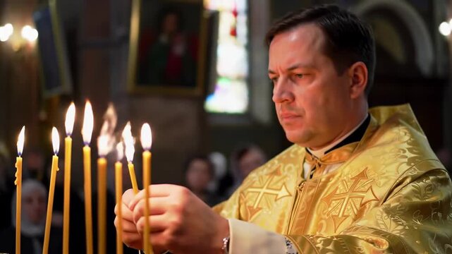 Priest lighting candles in church, service background
