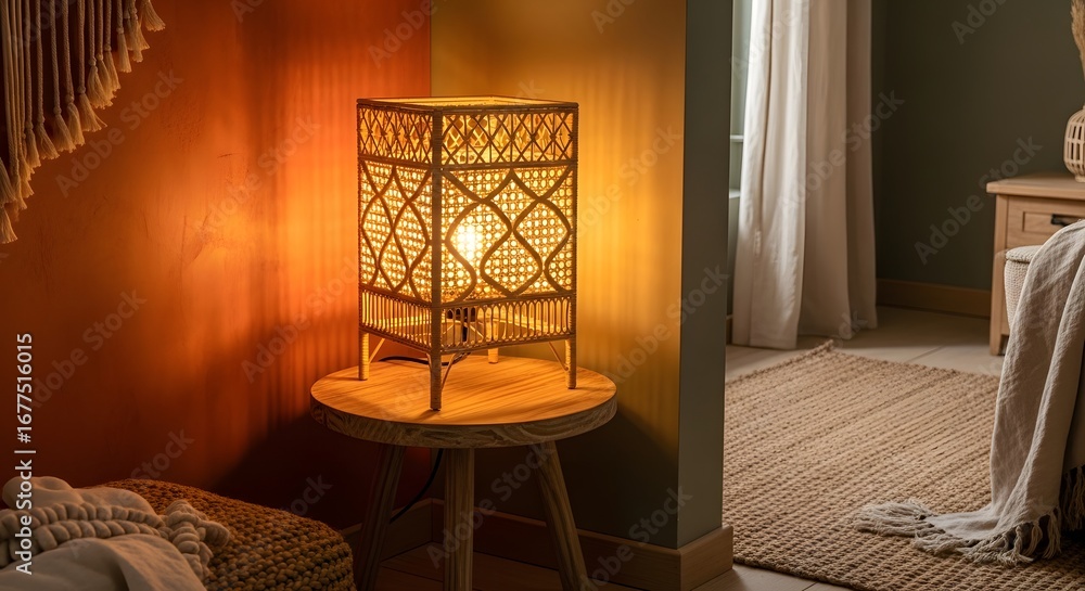 Poster a square rattan table lamp illuminates a corner with warm light, casting intricate patterns on the o