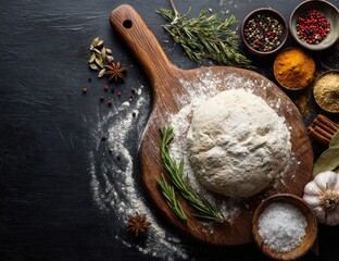 Dough ball on wooden board, surrounded by various spices, herbs, and flour, on dark background