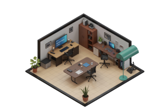 Isometric view of a modern, minimalist office space with two workstations, a conference table, and office supplies. background removed