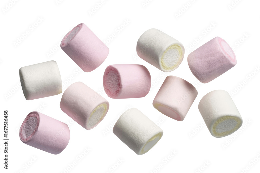 Poster multiple pink and white marshmallows falling against a transparent background. background removed