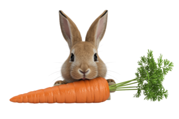 Adorable bunny rabbit with long ears happily munching on a juicy carrot. background removed