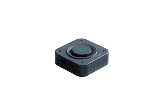 Compact dark gray device with a single illuminated button, possibly an audio interface or controller. background removed