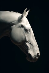 Naklejka premium Detailed close-up of a sculpted horse head, showcasing intricate anatomical features against a stark black backdrop.