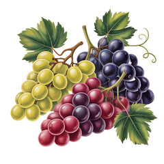 Three Bunches of Grapes: Green, Red, and Purple with Leaves