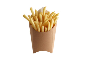 A paper container filled with golden french fries, isolated on a transparent background. background removed