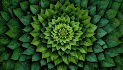 A vibrant, symmetrical mandala of overlapping green leaves forming a spiraling, floral pattern.  The image is rich in texture and detail, creating a sense of depth and organic beauty