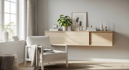Modern living room with floating shelf and comfortable armchair