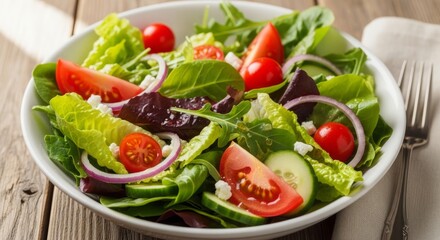 Fresh garden salad bursting with vibrant vegetables and feta cheese, a healthy and delicious meal option