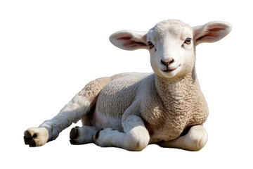 Adorable lamb lying down, isolated on a transparent background, showcasing its fluffy white coat and innocent expression. background removed