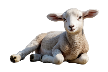 Adorable lamb lying down, isolated on a transparent background, showcasing its fluffy white coat and innocent expression. background removed